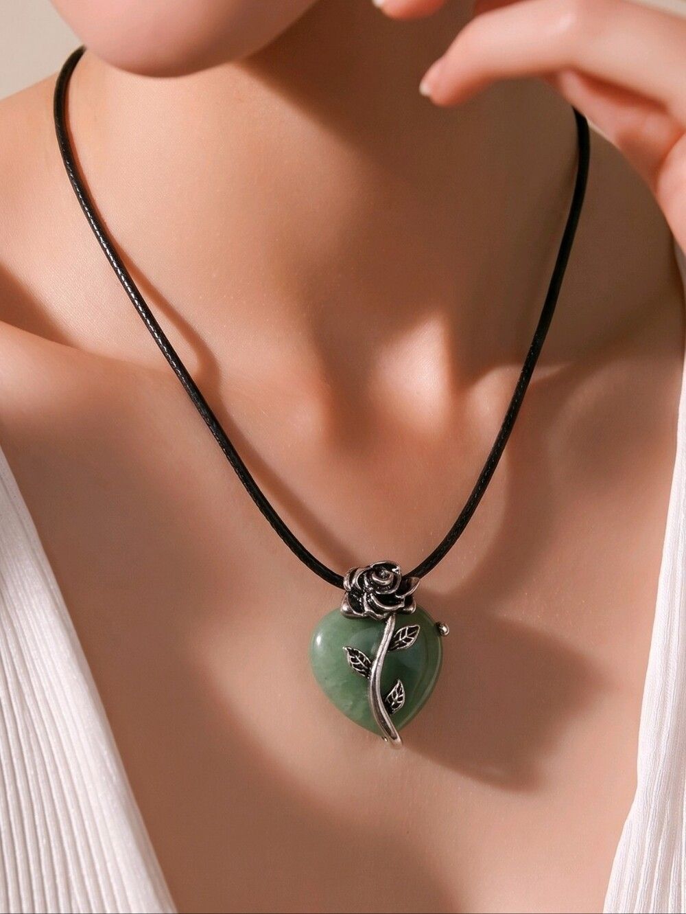Green Aventurine Heart Rose Necklace Natural Stone Cottagecore Fairycore Pendant